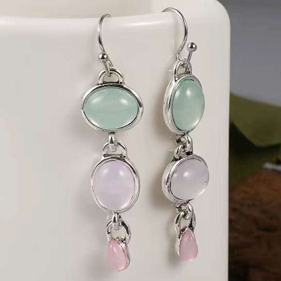 Jewelry - Silver-tone trio dangling earrings with Pink/green/white moonstones